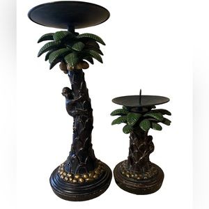 2 palm tree monkey pillar candle holders one short one tall